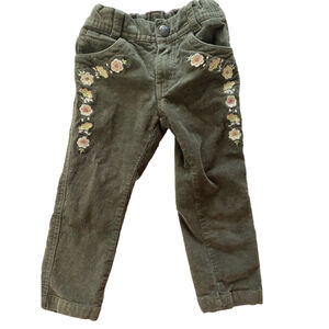 Tea collection army green cord style pant 💯 cotton with flower embroidery 3T